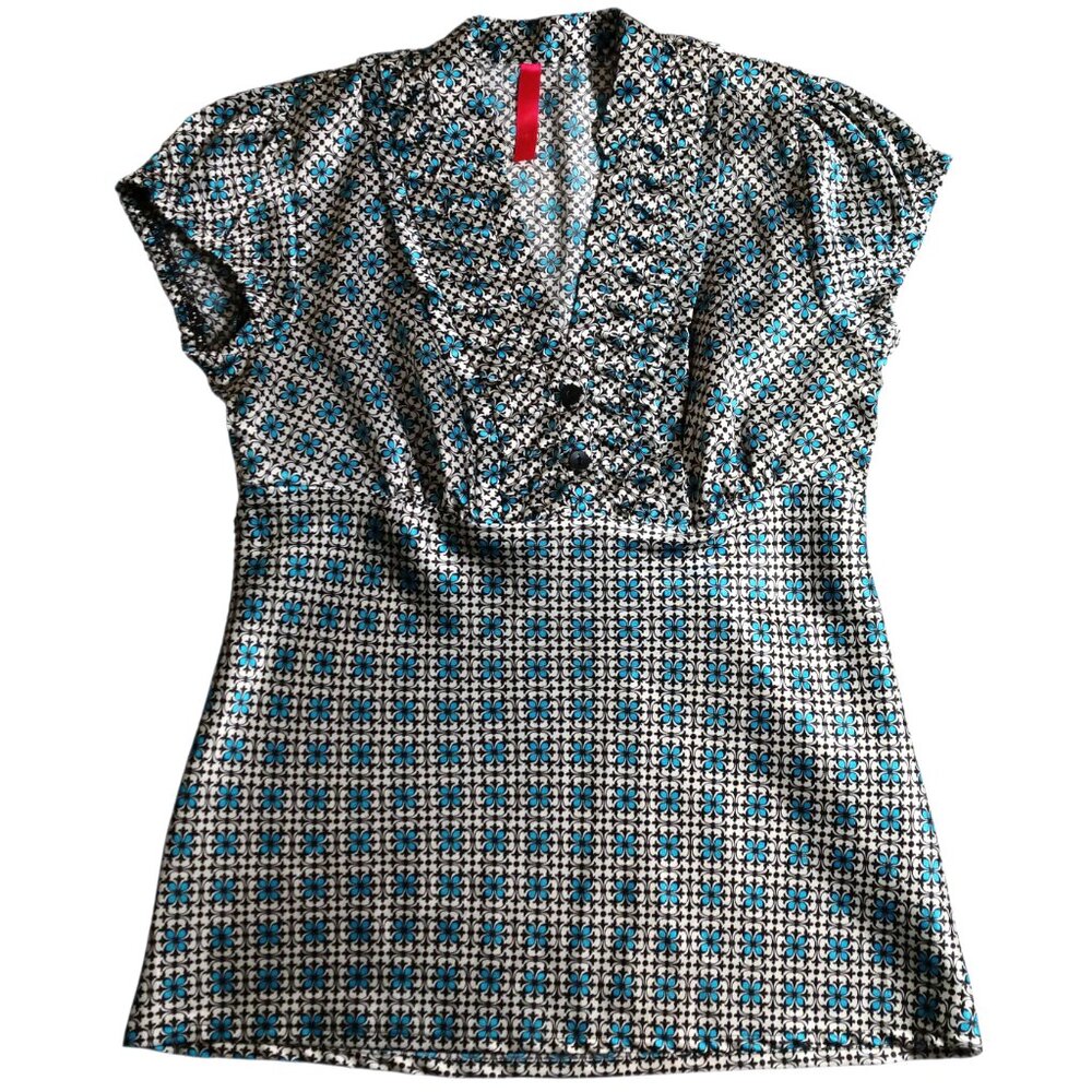 Heart Soul Women's White/Black/Blue Print Satin Babydoll Cap Sleeve Top S Small
